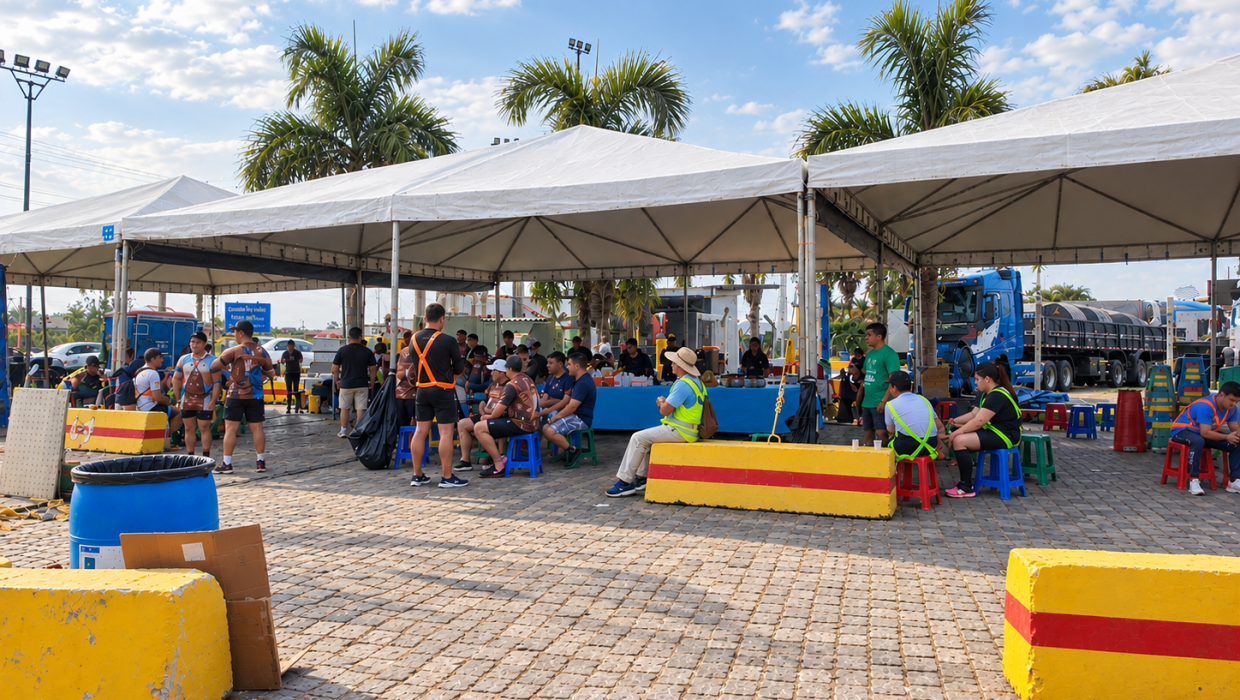 Evento ao Ar Livre com Tendas e Caminhões