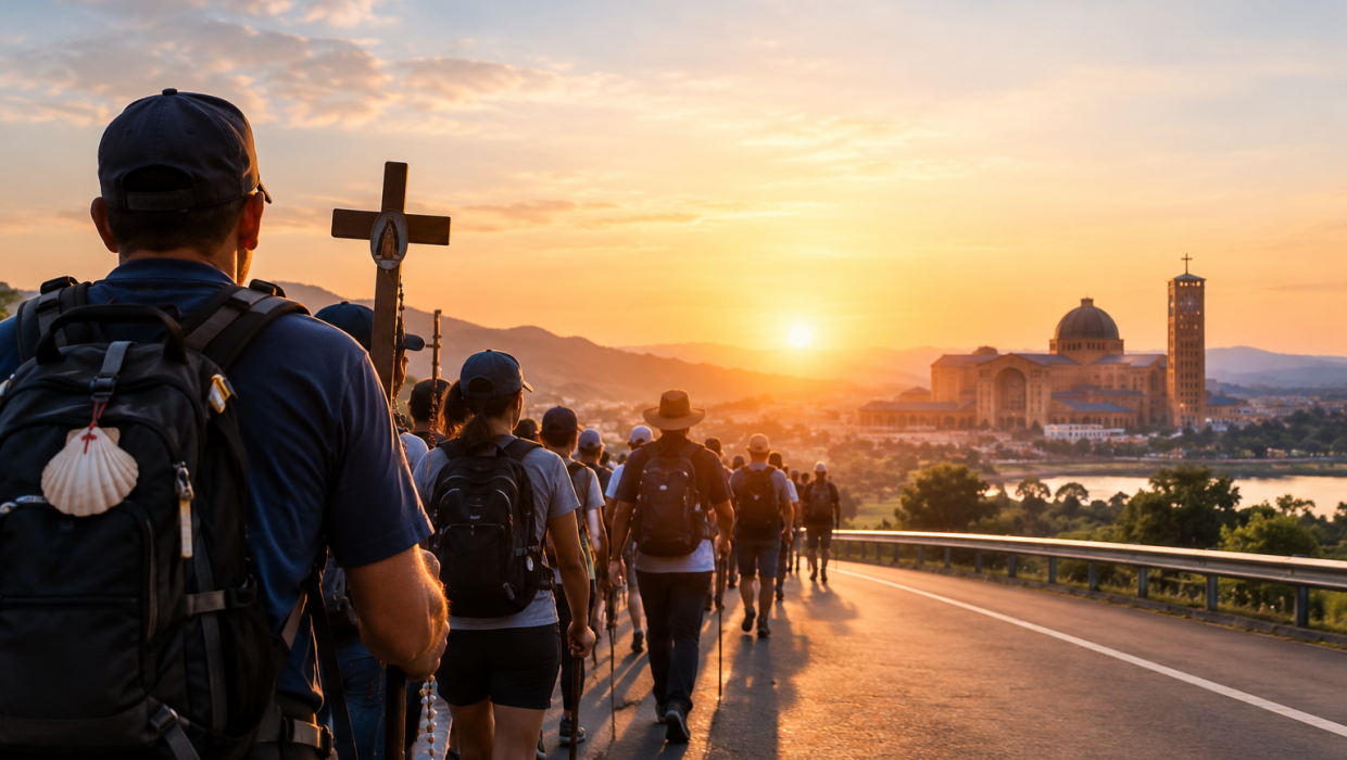 Peregrinos Rumo à Basílica ao Entardecer