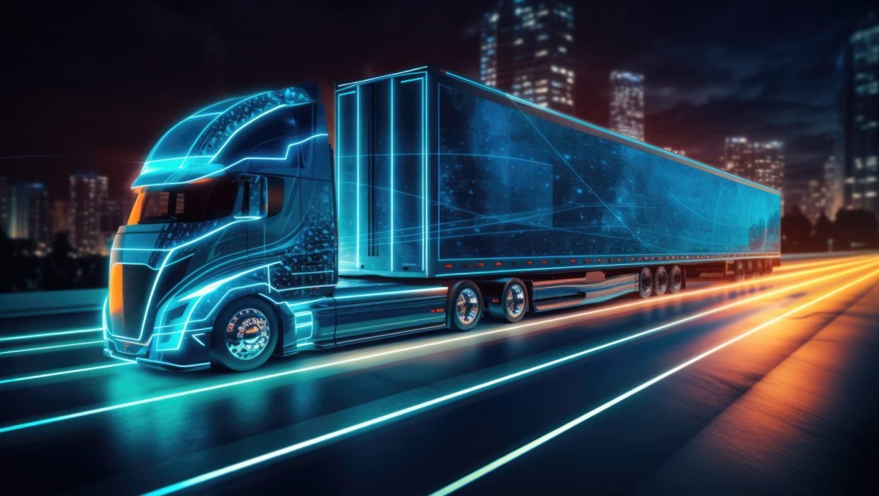 Futuristic truck with neon lights on night road.Created with Generative AI technology.